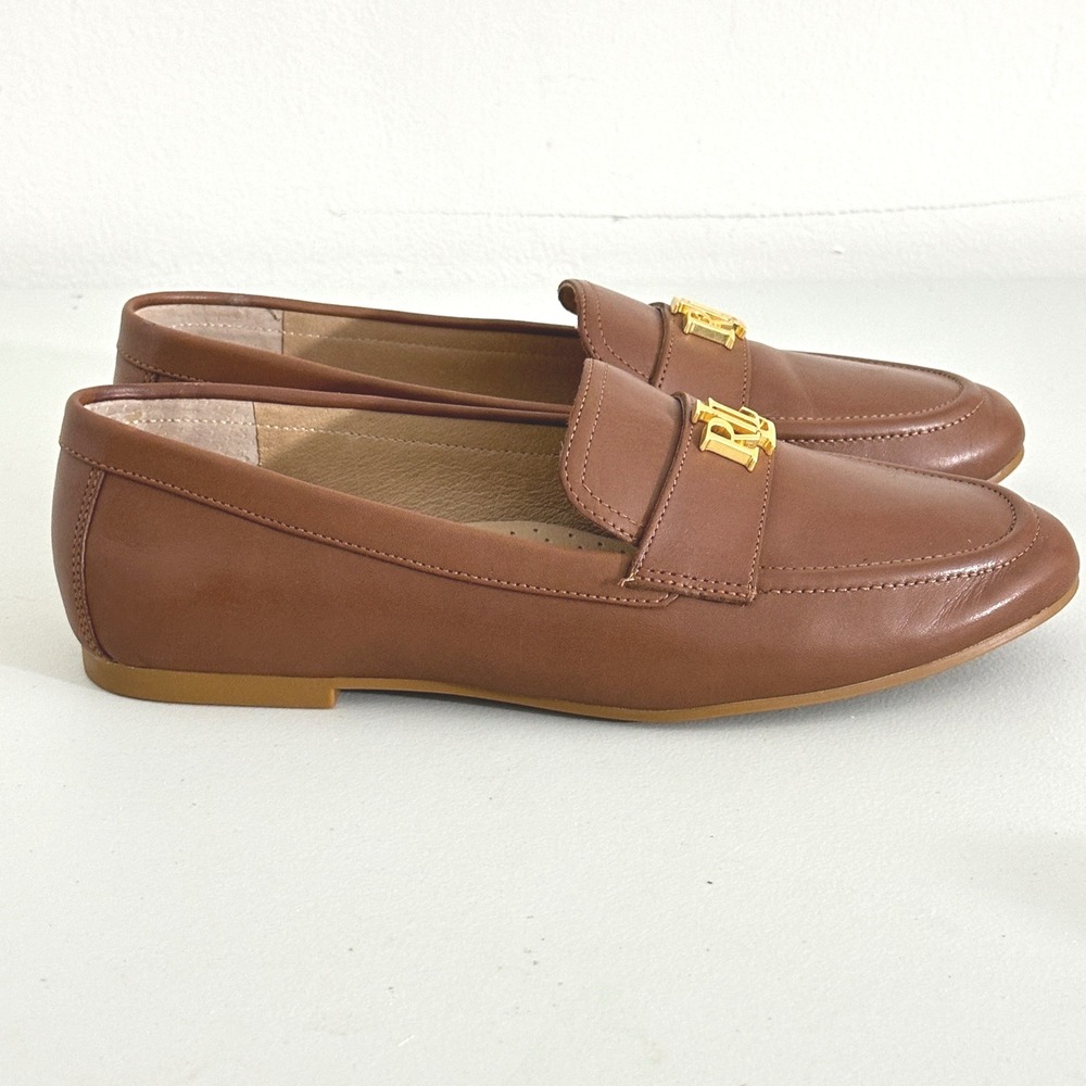 LRL Ralph Lauren Averie Brown Leather Loafers Gold Monogram Womens 8 US 39 EU - Picture 5 of 11
